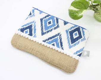 kleine Tasche gemustert Etui mit Reißverschluss Handmade Unikat Canvas Jute Geschenkidee Sommerlich Blau Weiß