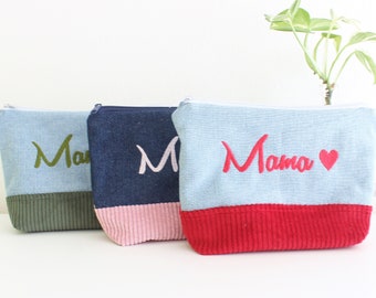 Kosmetiktasche Mama Jeans Cord Canvas Universaltasche Handmade Unikat Geschenkidee Muttertag bestickt personalisiert
