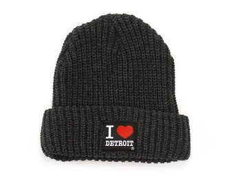 I Love Detroit Lumberjack Knit Beanie with Cuff - Charcoal Grey