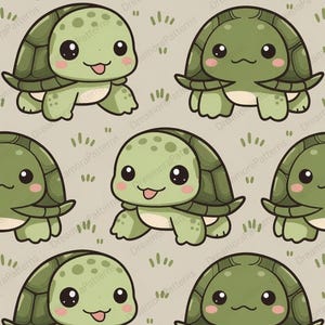 Könnte beinhalten: Ein sich wiederholendes Muster mit Cartoon-Schildkröten mit dunkelgrünen Panzern und hellgrüner Haut auf beigem Hintergrund. Die Schildkröten haben große schwarze Augen, rosa Wangen und herausgestreckte Zungen, dazwischen kleine grüne Grasmarkierungen.