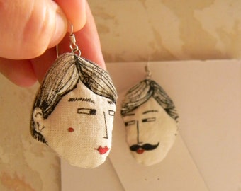 Face earrings, textile handpainted earrings, couple earrings, eco friendly fabric earrings by polykatoikia