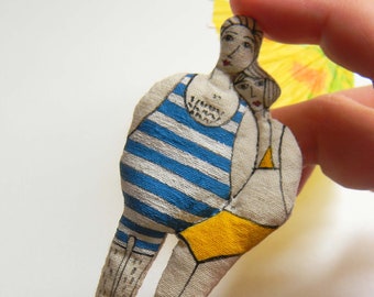 Swim Couple Brooch / Bathers Textile Art Soft Sculpture Mini doll pin / Original Swimmer Characters by polykatoikia