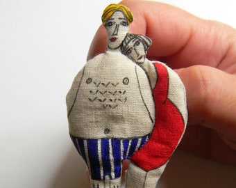 Swimmers Couple Brooch / Bathers Textile Art Soft Sculpture Mini doll pin / Original Swimmer Characters by polykatoikia