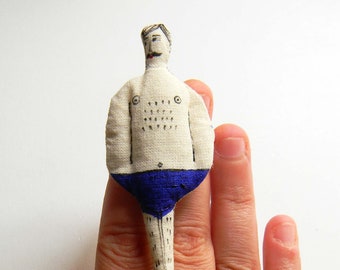 Man Swimmer handpainted brooch / Textile Pin