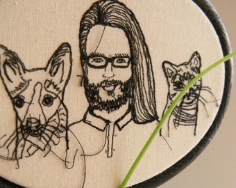 Custom family portrait, Personalized embroidery portrait of three, Cat Dog portrait, machine embroidery personalized gifts, Polykatoikia Art