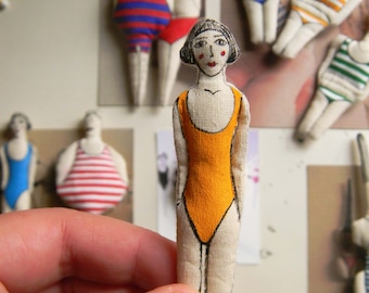 Woman swimmer in yellow swimsuit, Soft sculpture brooch, Bathers pin, Textile art by polykatoikia