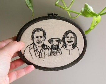 Customized family portrait of three, Custom grandparents portrait, machine embroidery Oval Custom Portrait, personalized gifts for Dog Mom