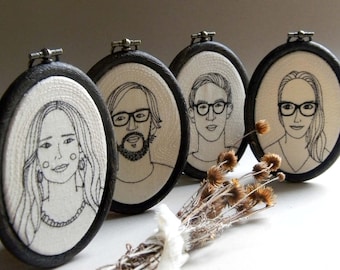 Custom Family Portrait / Family Portraits set of FOUR Custom Embroidery Portraits / Personalized Portrait / Original Embroidery Art