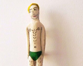 Man with green swim speedo / Male Bather / Swimmer Handmade Brooch Original Character by polykatoikia