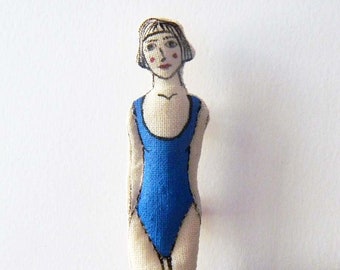 Swimmer Brooch, Woman Bather Textile Brooch, Mini Doll, Handpainted Pin, Original character by polykatoikia