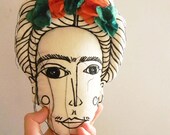 Frida Kahlo Doll Textile Art Face Pillow Plush Embroidery Illustration Fabric Doll Soft Sculpture original artwork by polykatoikia