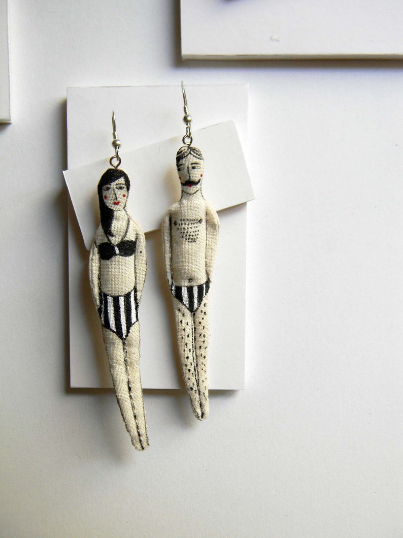 Swimmers in black and white swimsuits set of 2 Handpainted Textile Earrings Inspired by the Greek Summer Soft sculpture lightweight earrings image 1