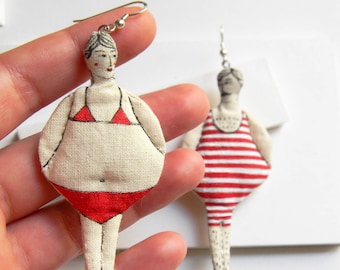 Swimmers in red swimsuits, set of 2 Handpainted Textile Earrings Inspired by the Greek Summer, Soft sculpture lightweight earrings