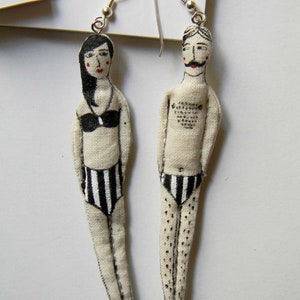 Swimmers in black and white swimsuits set of 2 Handpainted Textile Earrings Inspired by the Greek Summer Soft sculpture lightweight earrings image 3