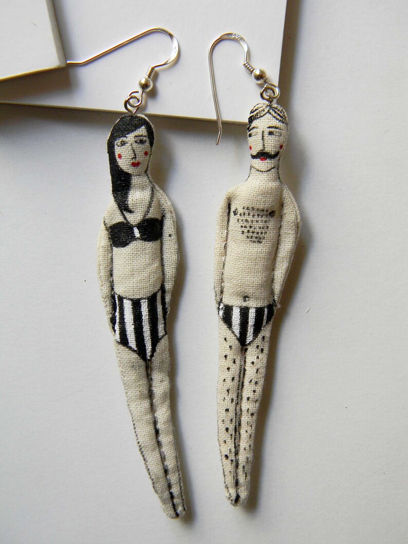 Swimmers in black and white swimsuits set of 2 Handpainted Textile Earrings Inspired by the Greek Summer Soft sculpture lightweight earrings image 3