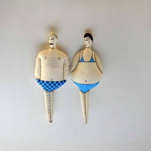 Sample SALE 30% OFF,Set of TWO Swimmer Dolls,Hand Painted Fabric Dolls,Wall Hanging Dolls