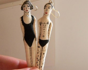 Swimmers in black and white swimsuits set of 2 Handpainted Textile Earrings Inspired by the Greek Summer Soft sculpture lightweight earrings