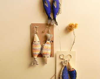 Sample Sale Fish Earrings handpainted on organic cotton Aegean Greek Sea Inspired Earrings Original Work by polykatoikia