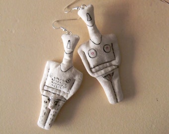 Cycladic Idol Earrings, Handpainted Textile Earrings Inspired by Cycladic Art, Wearable art