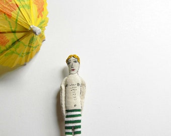 Man Swimmer with striped shorts, handpainted brooch, soft sculpture by polykatoikia