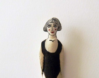 Girl with black swimsuit / Female Bather / Swimmers Illustrated Brooch / Handmade Fabric Pin / Woman Swimmer