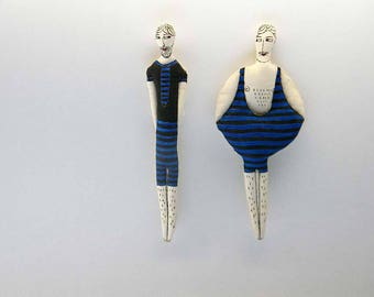 Set of TWO,Textile Ornaments,Couple of Swimmers in blue Bathing Suits,Hand Painted Soft Dolls,Wall Decor,Summer Decor