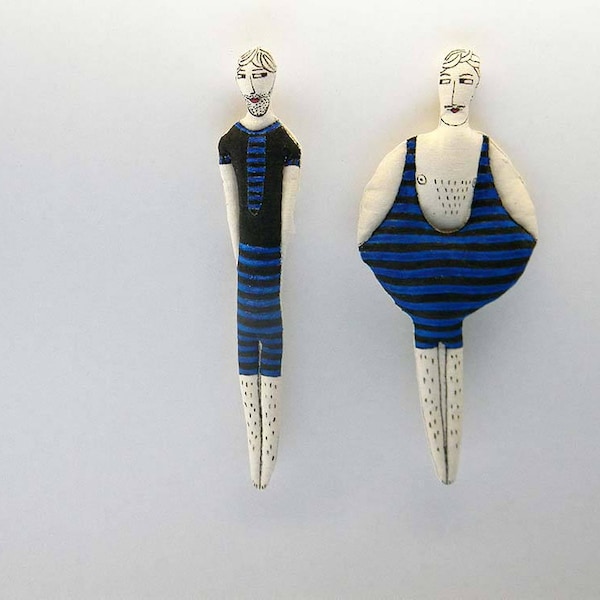 Set of TWO,Textile Ornaments,Couple of Swimmers in blue Bathing Suits,Hand Painted Soft Dolls,Wall Decor,Summer Decor