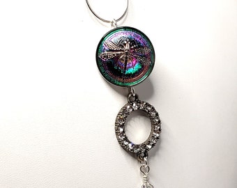 Dragonfly Czech glass sterling silver tassel pendant necklace