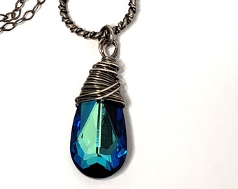 Swarovski Crystal Bermuda Blue Pendant Oxidized Necklace