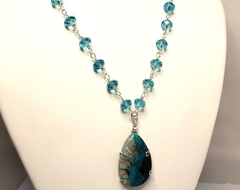 Blue Jasper Swarovski Crystal Cabochon Pendant Necklace