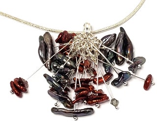 Burgundy and Gray Biwa Pearl and Swarovski Crystal Pendant Necklace