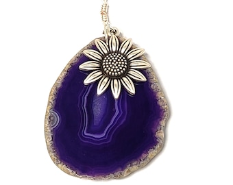 Chunky Natural Purple Agate Flower Pendant Necklace