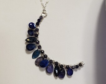 Dark blue teardrop gemstone crescent pendant necklace