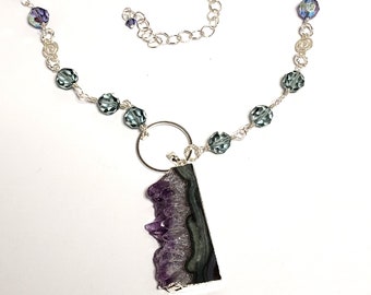 Swarovski Crystal Necklace with Amethyst Druzy Pendant