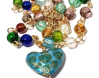 Colorful Venetian Murano Glass Necklace with Cloisonne Heart Pendant