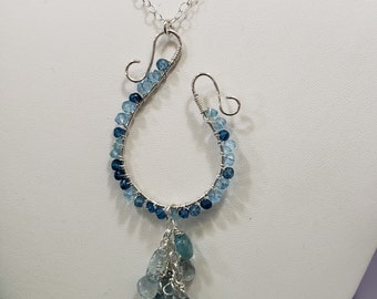 Blue gemstone aquamarine blue topaz flourish pendant necklace