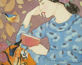 Even the Tiger Stopped to Listen to Her Tale - limited edition print of original mixed media painting