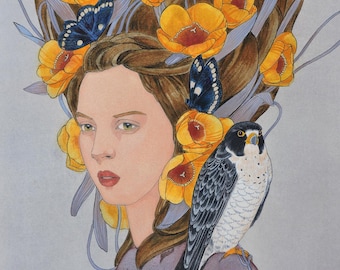 Hunter in the Tulips (print)– Dreamlike Mixed Media Painting