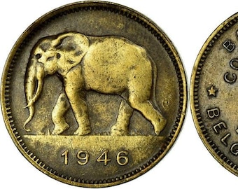 Elephant coin. Antique rare Elephant coins from Belgian Congo. brass coins. 1 or 2 franc. African Elephant. collectible coins