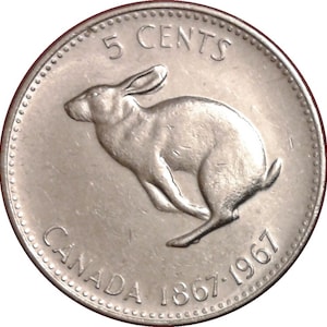 1967 Rabbit coin from Canada Centennial 5 cents snowshoe hare Easter gift coins for crafts rabbit lapin collectible coin image 1