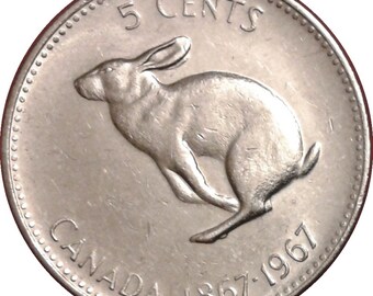 1967 Rabbit coin from Canada - Centennial - 5 cents - snowshoe hare - Easter gift - coins for crafts - rabbit - lapin - collectible coin