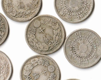 Japan 10 sen coin. Antique silver coin. Chrysanthemum flower, Radiant sun. Taishō or Meiji era. Random years. Read Description