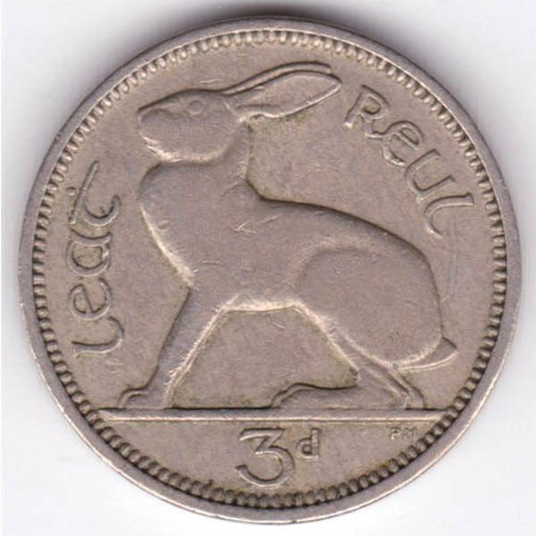 Antique Ireland 3 Pence Rabbit coin - km4-1928-1935 circulated random year - Hare - Lapin - Irish coin - jewelry - collection - numismatics