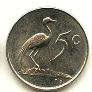 Coin Connoisseur - Vintage 5 cent coin from South Africa - Blue Crane - KM 67.1 67.2 - Uncirculated