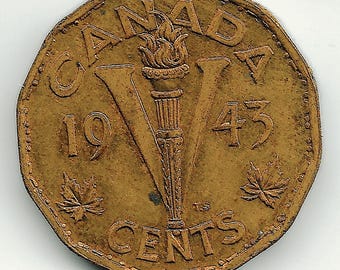 Antique 1940s Canada 5 cents coin - victory nickel - tombac - bronze coin - circulated - used condition