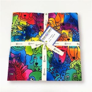 May include: A pack of 42 colorful fabric squares featuring a whimsical design of dogs and other animals. The squares are perfect for quilting, patchwork, and other craft projects.