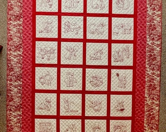 REDWORK ~ Hand Embroidered & Hand Quilted 83" x 62" Quilt ~ New