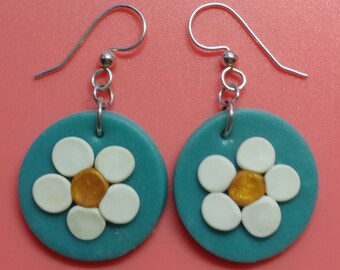 Polymer Clay White Daisy Earrings on Sterling Ear Wires