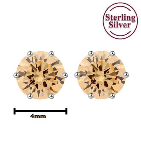 November Birthstone Champagne CZ 4mm Stud Earrings .925 Sterling