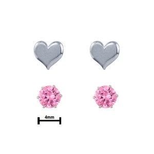 May include: A pair of silver heart stud earrings with a pink round gemstone in the center. The earrings are 4mm in diameter.